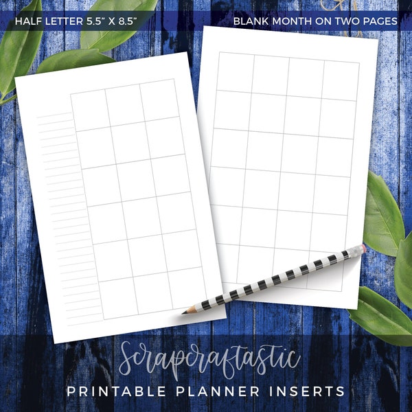 HALF LETTER Blank Month On Two Pages Printable Planner Inserts Monthly Calendar