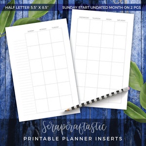 HALF LETTER Undated Sunday Start Month On Two Pages Printable Planner Inserts Monthly Calendar