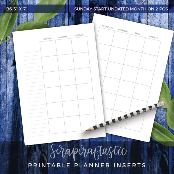 B6 5x7 Undated Sunday Start Month On Two Pages Printable Planner Inserts Monthly Calendar