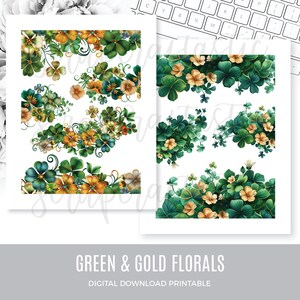 Green & Gold Florals Printable Planner Stickers Clip Art Digital Download