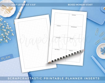 HALF LETTER Boxed Planner Printable | Weekly Planner Insert | Printable Planner Insert | Monday Start | Planner Refill