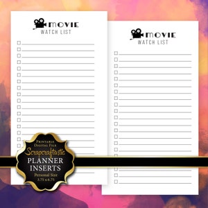 May include: Two white movie watch list inserts with the text "MOVIE WATCH LIST" and a film camera graphic. The inserts include checkboxes for tracking movies. A gold label reads "Scrapcraftastic PLANNER INSERTS Personal Size 3.75 x 6.75".