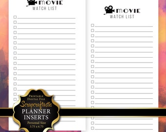 Movie Watch List Planner Insert | Personal Size Planner Filofax Kikki K ColorCrush (00229)