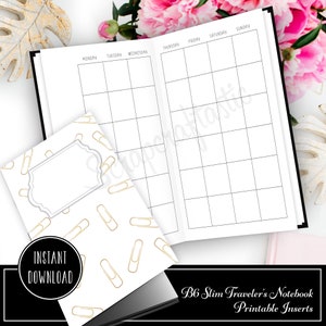 Puede incluir: Insertos de planificador imprimibles para una libreta de viaje B6 Slim. Los insertos presentan un diseño semanal con una cuadrícula para cada día de la semana. La portada de los insertos tiene un fondo blanco con un patrón de clips de papel dorados.