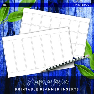 May include: Printable planner inserts with a grid layout. The inserts are on a blue wooden background with green leaves.
