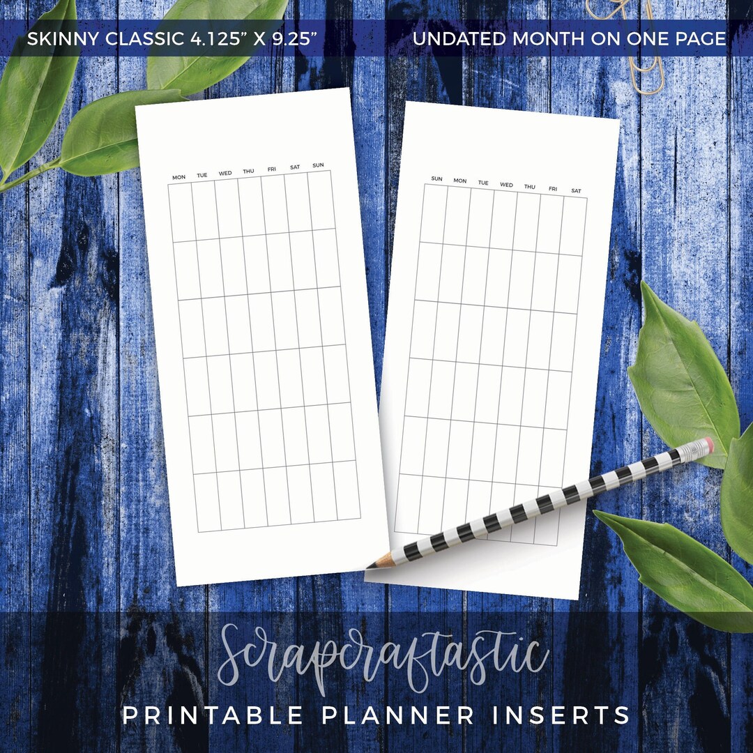 SKINNY CLASSIC Undated Month on One Page Printable Planner Inserts - Etsy