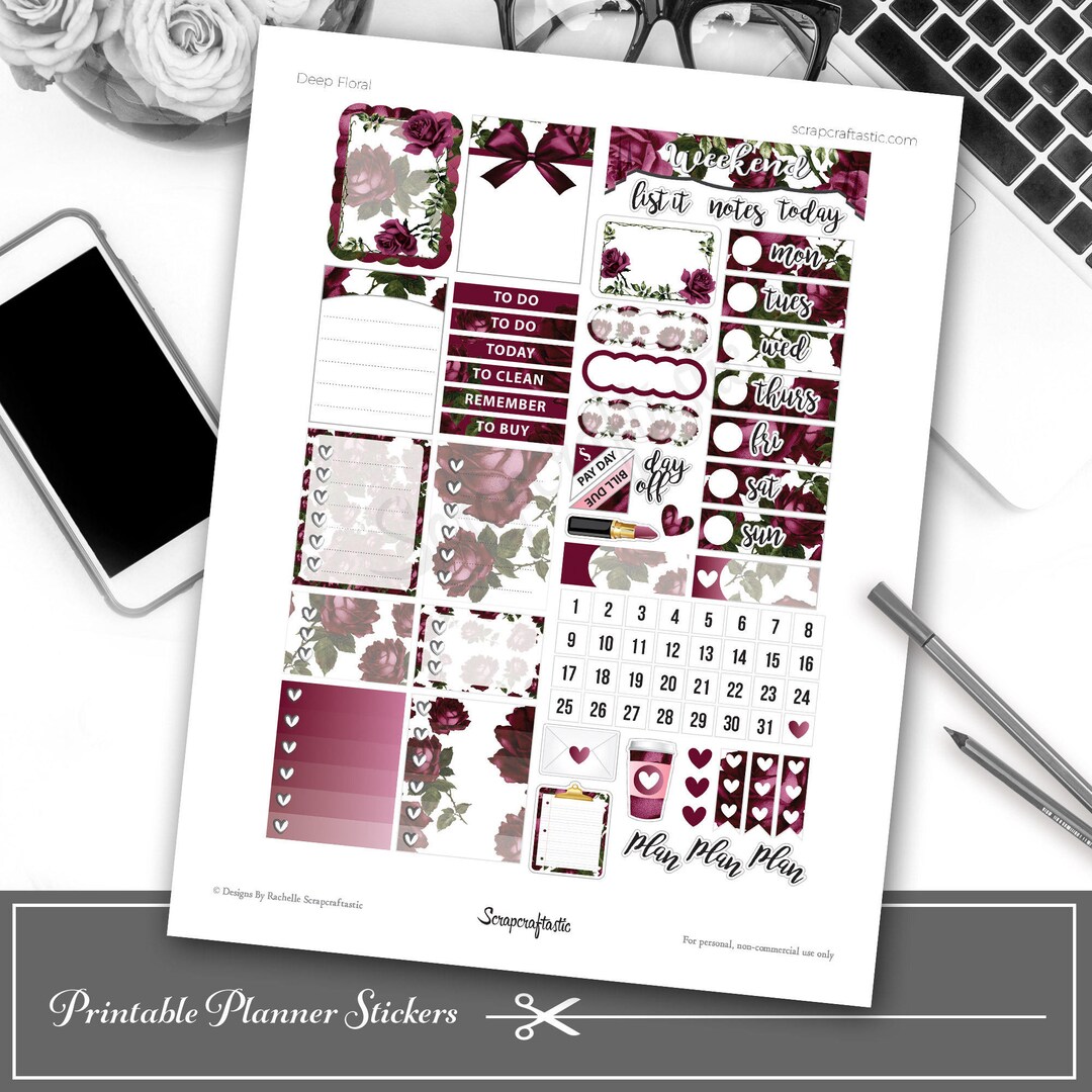 Deep Floral Printable Planner Stickers - Etsy