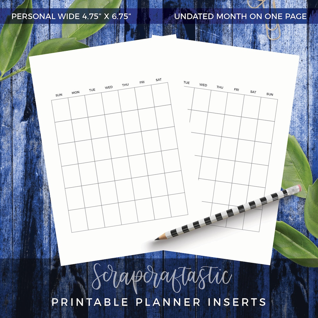 PERSONAL WIDE Undated Month on One Page Printable Planner Inserts - Etsy
