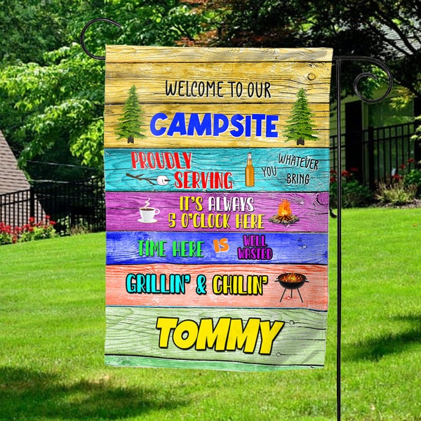 Personalized Campsite Flag, Welcome to Our Campsite Garden Flag, Custom Camping Flag, Camping Flag With Name, Vintage Camping SJYG07