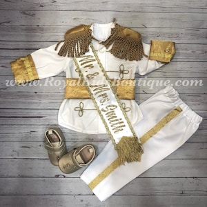 Ring Bearer boy outfit, wedding Dress, ringbearer baby suit, personalized bride sash, Mr. & Mrs. Sash, Prince Charming costume suit