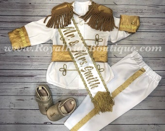 Ring Bearer boy outfit, wedding Dress, ringbearer baby suit, personalized bride sash, Mr. & Mrs. Sash, Prince Charming costume suit