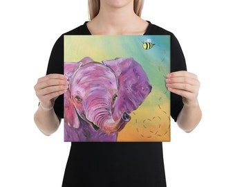Wrapped Canvas Print - Whimsical Elephant & Bumble Bee Painting