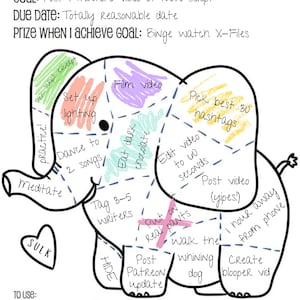 Könnte beinhalten: Eine Schwarzweißillustration eines Elefanten mit verschiedenen Abschnitten, die mit Aufgaben beschriftet sind, die zu erledigen sind. Der Elefant ist mit "Goal-Elephant" beschriftet und der Text "Post 1-minute video of new script" befindet sich oben im Bild. Der Text "To use: 1. Break your goal into tiny action steps. 2. Add a step to each section of the Goal-Elephant. 3. As you finish each step, celebrate by colouring in that section of the Goal-Elephant!" befindet sich unten im Bild.