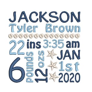 Geburt Ankündigung Stickerei Design, Vorlage, Baby Geburt Statistiken, Sterne, Maschine Stickerei, AM/PM, 3 Größen, Instant Download, ST609-44