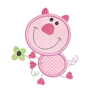 May include: A pink pig with a smiling face, holding a green flower with a black center. The pig's body has a polka dot design. The pig's arms and legs are heart-shaped.
