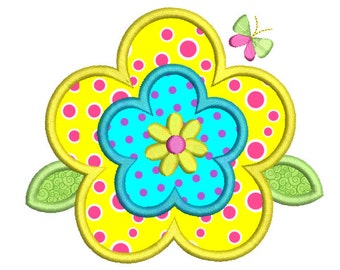 Spring Flower Applique Embroidery Design, Applique Flower with Butterfly, Floral Embroidery Design, 3 Sizes, Instant Download, No: SA549-1