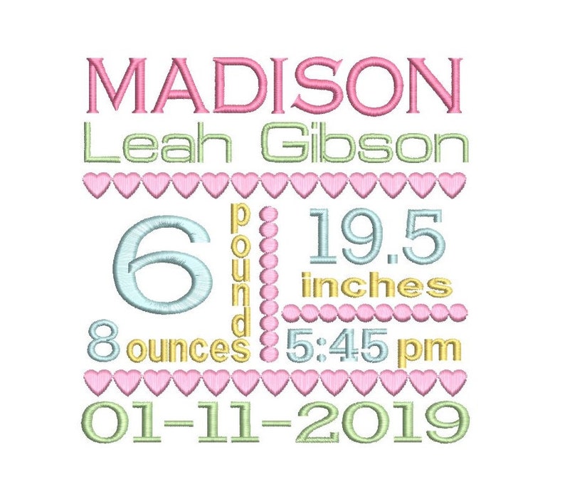 Birth Birth Template Embroidery Design, Baby Birth Stats, Subway Art, Hearts, Machine Embroidery, AM/PM, 3 Sizes, Instant Download, ST509-1 image 3