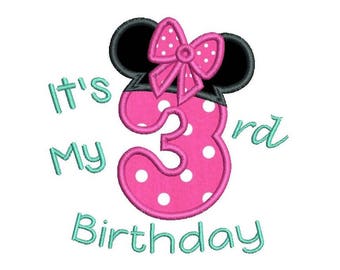 3rd Birthday Machine Embroidery Applique Design, Girl's Third Birthday, Number 3, Mouse Ears, 3 Sizes, Instant Download, No: SA510-58