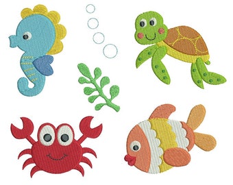 Sea Life Machine Embroidery Designs, Set of 6 Mini Fill Stitch Sealife Designs, Marine Animals, Fish, 2 sizes, Instant Download, No: S562