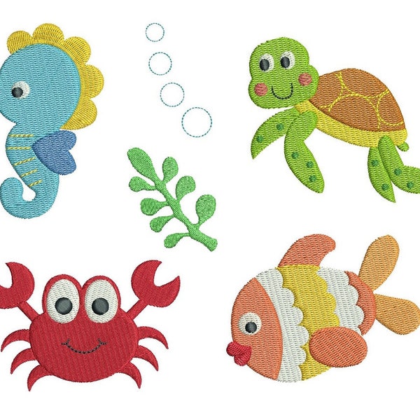 Sea Life Machine Embroidery Designs, Set of 6 Mini Fill Stitch Sealife Designs, Marine Animals, Fish, 2 sizes, Instant Download, No: S562