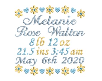 Może przedstawiać: Wzór haftowany w kolorze niebieskim i żółtym z tekstem "Melanie Rose Walton 8 lb 12 oz 21.5 ins 3:45 am May 6th 2020" otoczony niebieskimi sercami i żółtymi kwiatami.