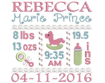 Personalised Baby Birth Announcement Embroidery Design, Customised Baby Birth Stats Machine Embroidery Design, 3 Sizes, AM/PM, no: S509-11