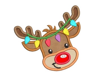 Christmas Reindeer Embroidery Applique Design, Reindeer Applique, Christmas Lights, Machine Embroidery, 4 Sizes, Instant Download, SA502-50