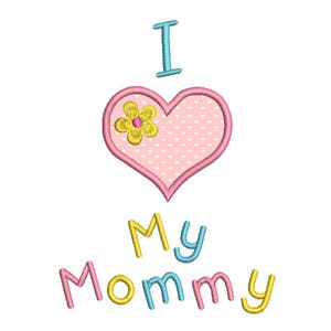 Puede incluir: Corazón rosa con una flor amarilla y lunares blancos, con el texto "Te amo mamá" en azul, rosa y amarillo.