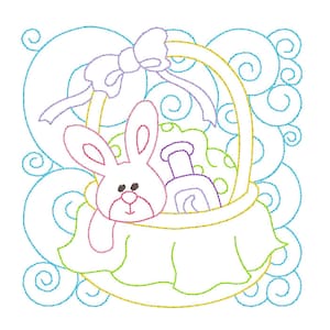 Baby Quilt Block Machine Embroidery Design, Multi-Color Linework Embroidery Design, Bunny, Basket, 3 Sizes, Instant Download, No: JGS00013-6