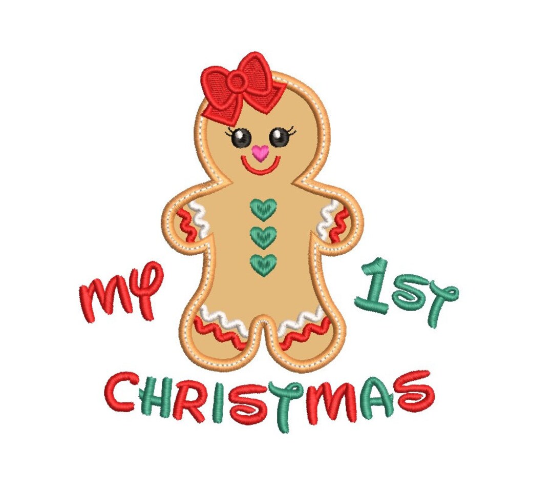 Gingerbread Girl Embroidery Applique Design, My 1st Christmas Applique