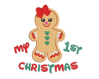 Gingerbread Girl Embroidery Applique Design, My 1st Christmas Applique, Xmas Design, Machine Embroidery, 3 Sizes, Instant Download SA502-52