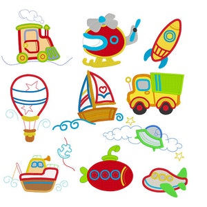 May include: A set of colourful embroidered transport designs, featuring a train, helicopter, rocket, hot air balloon, sailboat, truck, boat, submarine, and airplane. Ideal for children's crafts and projects.