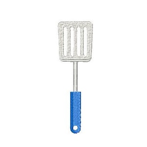 May include: Embroidered image of a slotted spatula with a blue handle. The spatula head is rectangular with vertical slots. The handle is a solid blue color with a small hole at the end.