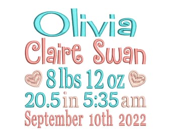 Birth Announcement Embroidery Design, Birth Template, Baby Birth Stats, Machine Embroidery, AM/PM, 3 Sizes, Instant Download, ST609-86