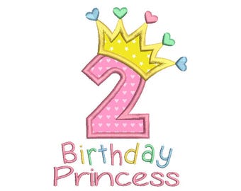 2nd Birthday Applique Machine Embroidery Design, Princess Crown, Girl's Second Birthday Applique Embroidery, Instant Download No: SA510-39