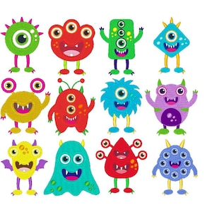 May include: A set of 12 colorful cartoon monsters with different shapes, sizes, and expressions. Each monster has multiple eyes, some with horns, and all have a friendly, playful look.