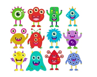 May include: A set of 12 colorful cartoon monsters with different shapes, sizes, and expressions. Each monster has multiple eyes, some with horns, and all have a friendly, playful look.