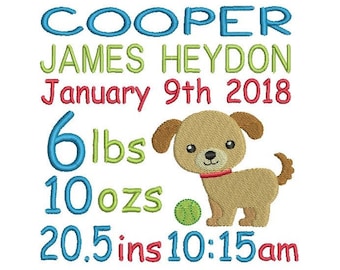 Birth Announcement Template Embroidery Design, Baby Boy Birth Stats Template, Cute Puppy, AM/PM, 4x4, 5x7, 6x10, Instant Download, ST509-90