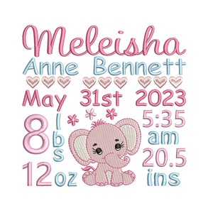 Birth Announcement Embroidery Design, Baby Birth Template, Machine Embroidery, Elephant, AM/PM, 4x4, 5x7, 6x10, Instant Download, ST609-29