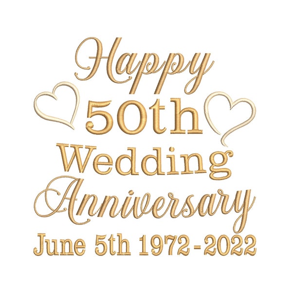 50th Wedding Anniversary, Template Design, Golden Wedding, Hearts, 50th Anniversary, Machine Embroidery Design, 4x4, 5x7, 6x10, ST599-2