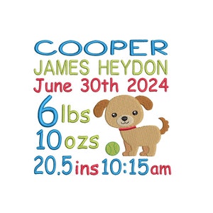 Birth Announcement Template Embroidery Design, Baby Boy Birth Stats Template, Cute Puppy, AM/PM, 4x4, 5x7, 6x10, Instant Download, ST509-90