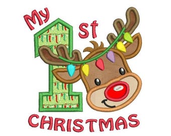 Meu primeiro design de aplique de bordado à máquina de Natal, rena de Natal, aplique de rena de bebê fofo, 3 tamanhos, download instantâneo, SA502-30