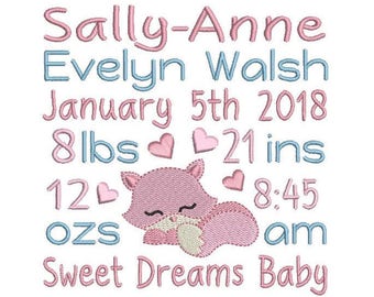 Baby Birth Announcement Template Machine Embroidery Design, Baby Birth Stats, Cute Fox, AM/PM, 4x4, 5x7, 6x10, Instant Download, ST509-88