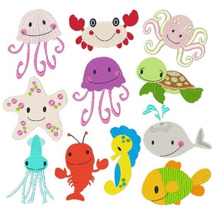 Sea Life Machine Embroidery Designs , Set of 10 Fill Stitch Designs, Octopus, Turtle, Crab, Seahorse, 4x4, Instant Download, No: JG00004