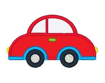May include: A red cartoon car with blue wheels and yellow headlights. The car has a white windshield and a green door handle.