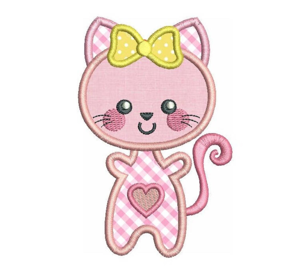 Cute Cat Applique Machine Embroidery Design, Kawaii Cat Applique, Girly ...