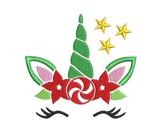 May include: A Christmas-themed unicorn face embroidery design with a green spiral horn, red poinsettia flowers, a red and white candy cane, pink ears, and black eyelashes.