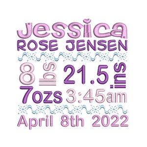 Birth Announcement Template Embroidery Design, Baby Girl Birth Stats Template, AM/PM, 4x4, 5x7, 6x10, Instant Download, No: ST609-1