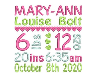 Baby Birth Announcement Template, Baby Birth Stats, Baby Hearts, Machine Embroidery, Subway Art, AM/PM, 3 Sizes, Instant Download, ST609-58