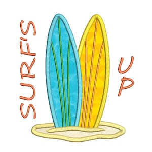 Surf's Up Applique Machine Embroidery Design, Surfboard Embroidery, Beach Scene Applique Embroidery, 3 Sizes, INSTANT DOWNLOAD, No: SA564-1